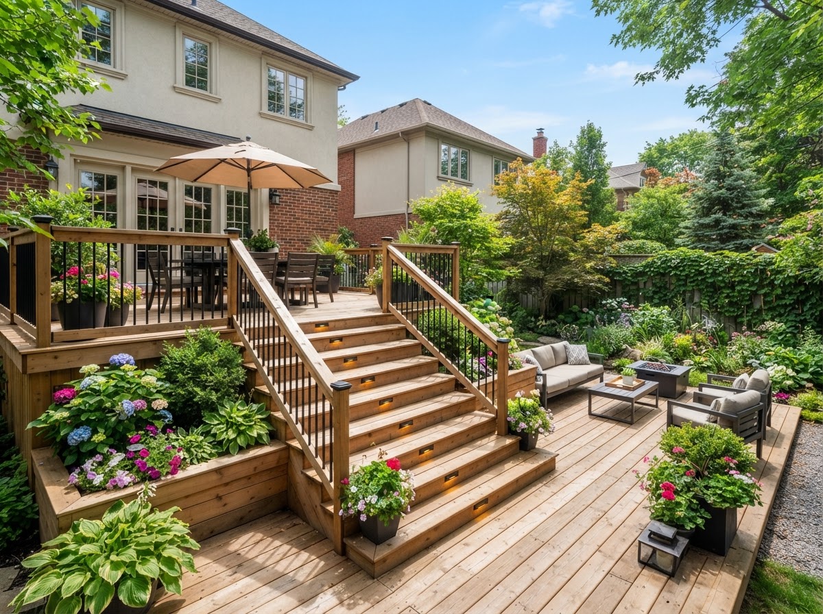 Illustrative concept of a multilevel wood deck with wide stairs and planter boxes