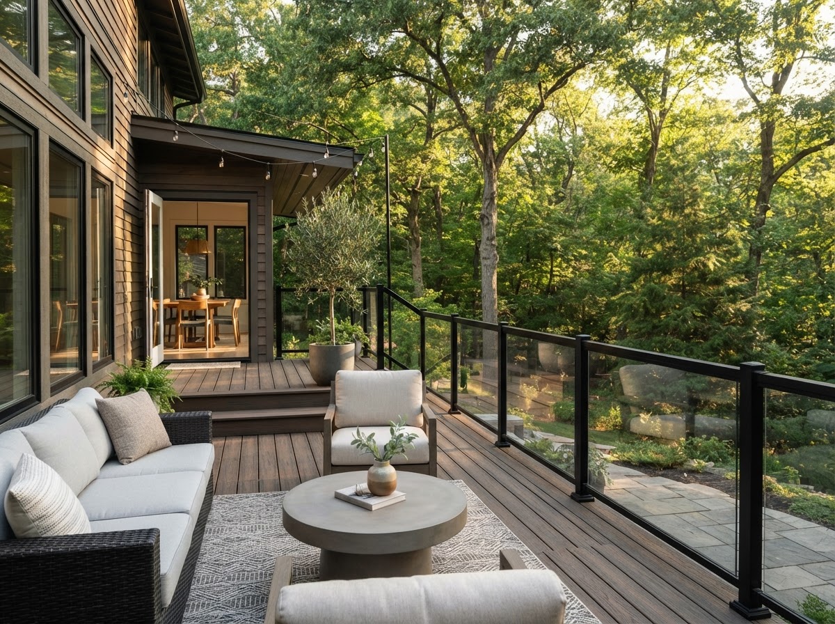 Illustrative concept of a composite deck with sleek black aluminum railing