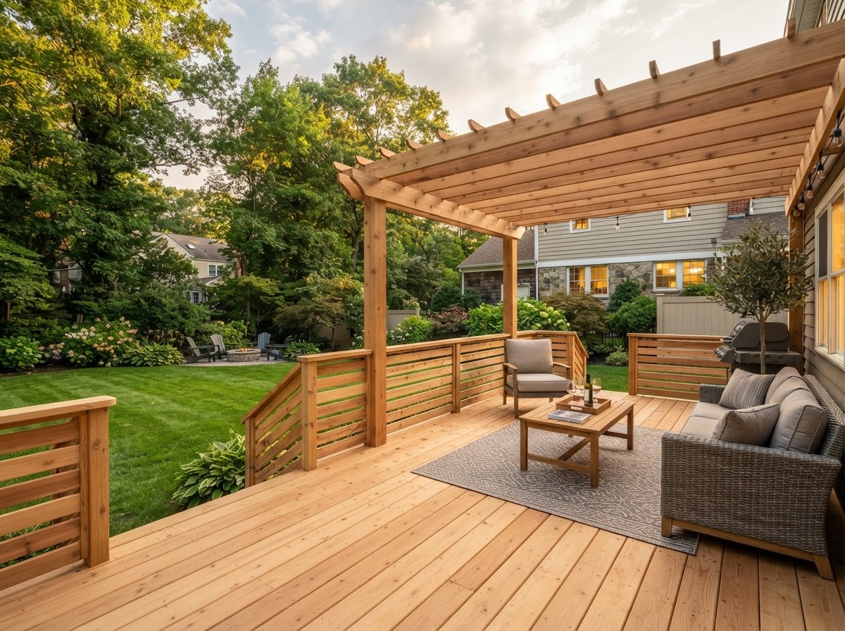 Illustrative concept of a cedar deck with a wooden pergola in a backyard