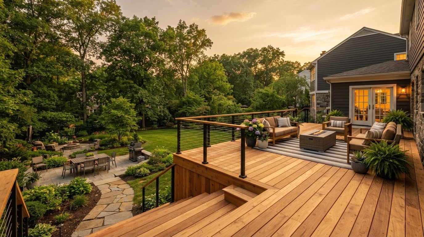 A finished cedar deck overlooking a green Trenton backyard at golden hour