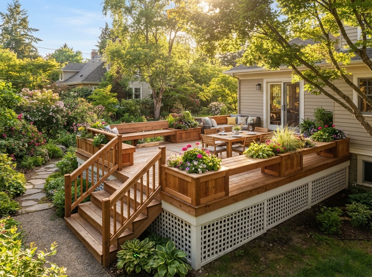 Illustrative concept of a raised wood deck with built in benches and lattice skirting