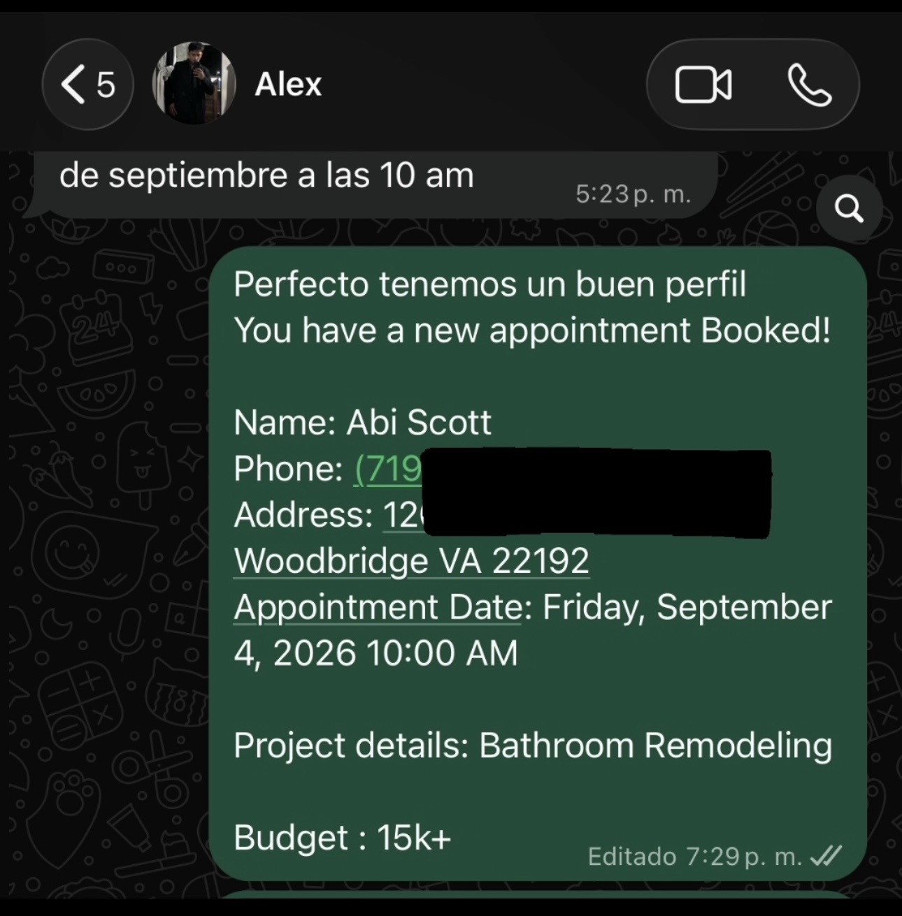 Cita agendada de remodelación de baño con presupuesto de $15k+