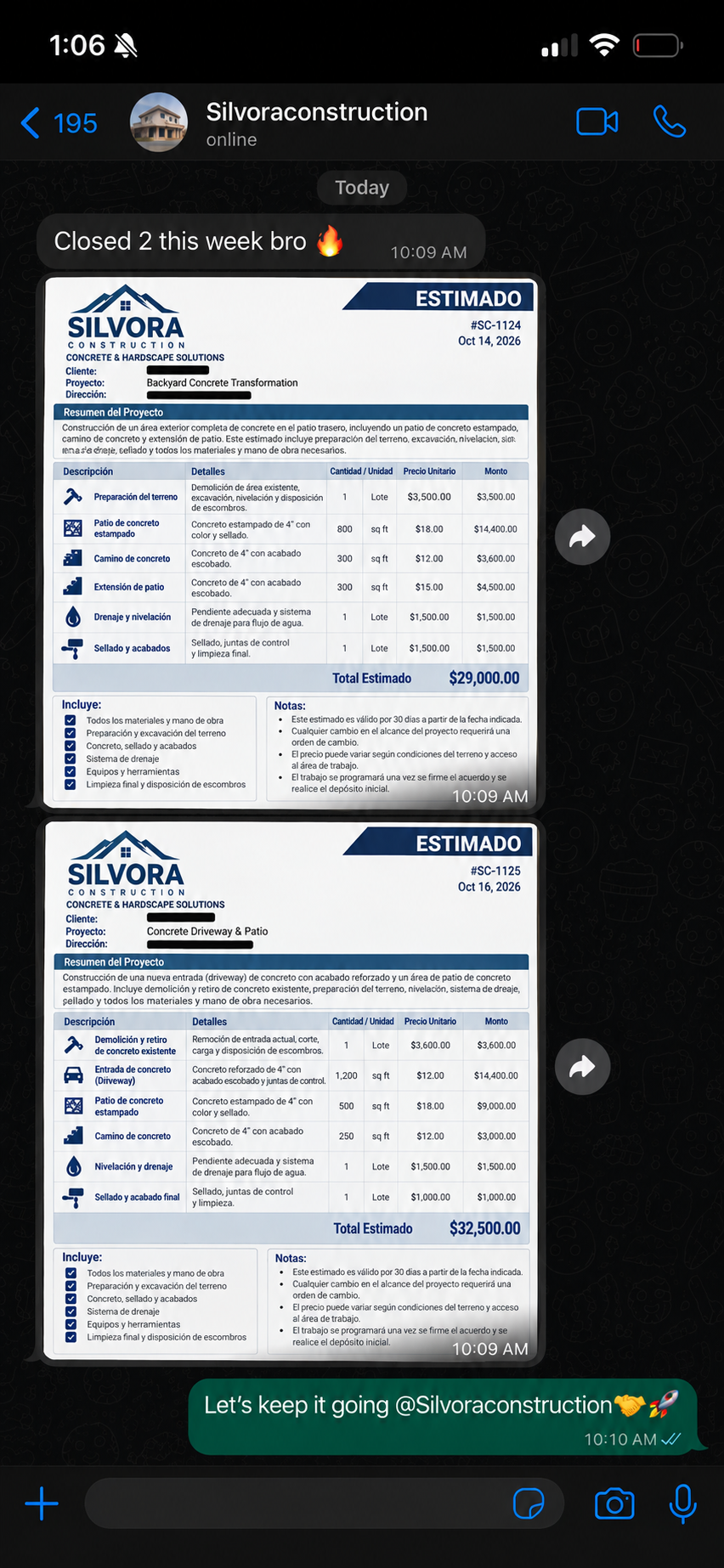 Silvora Construction - 2 contratos cerrados ($61,500)
