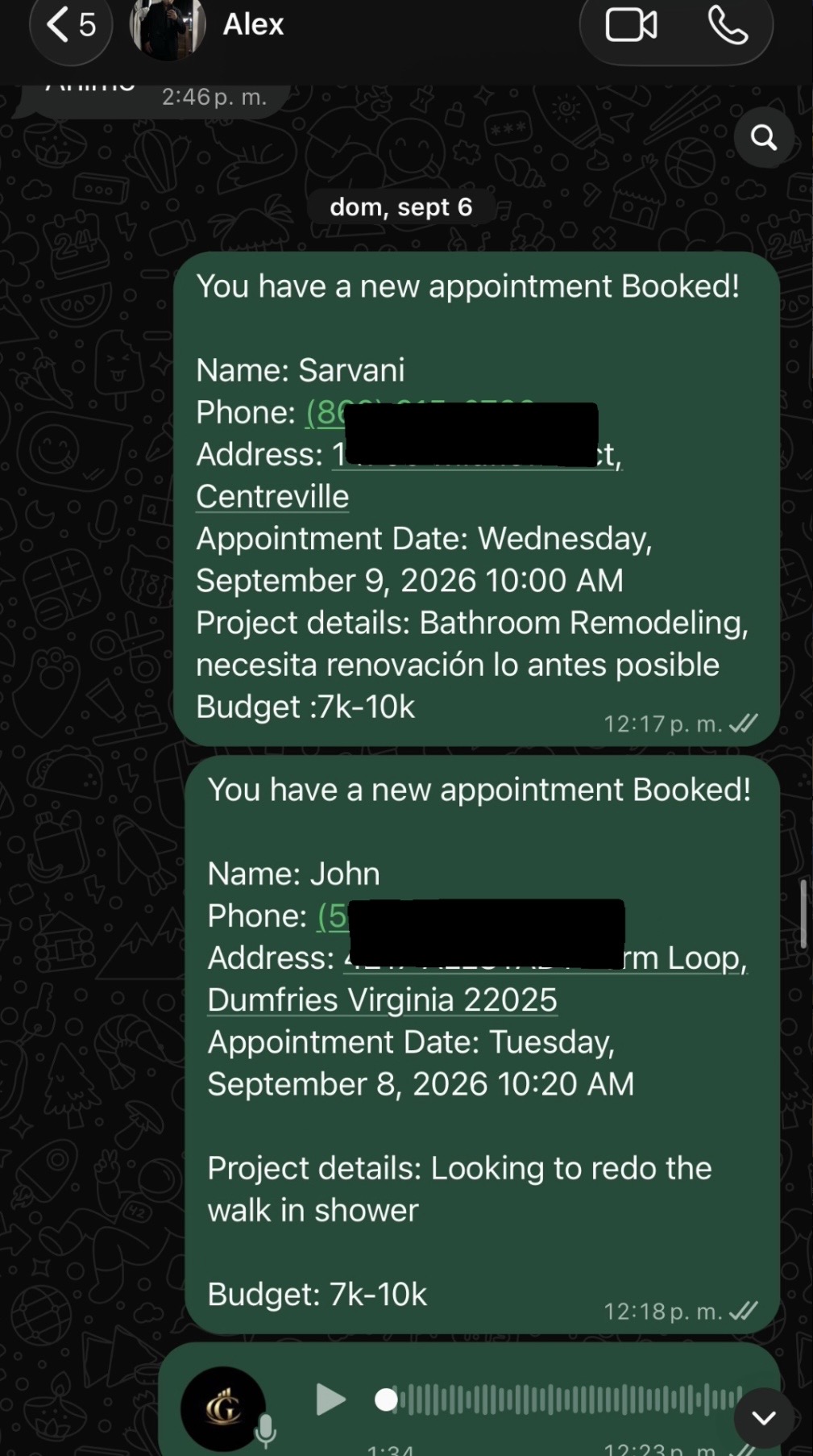 Notificaciones en tiempo real: 2 citas agendadas para remodelación de baño ($7k-$10k)