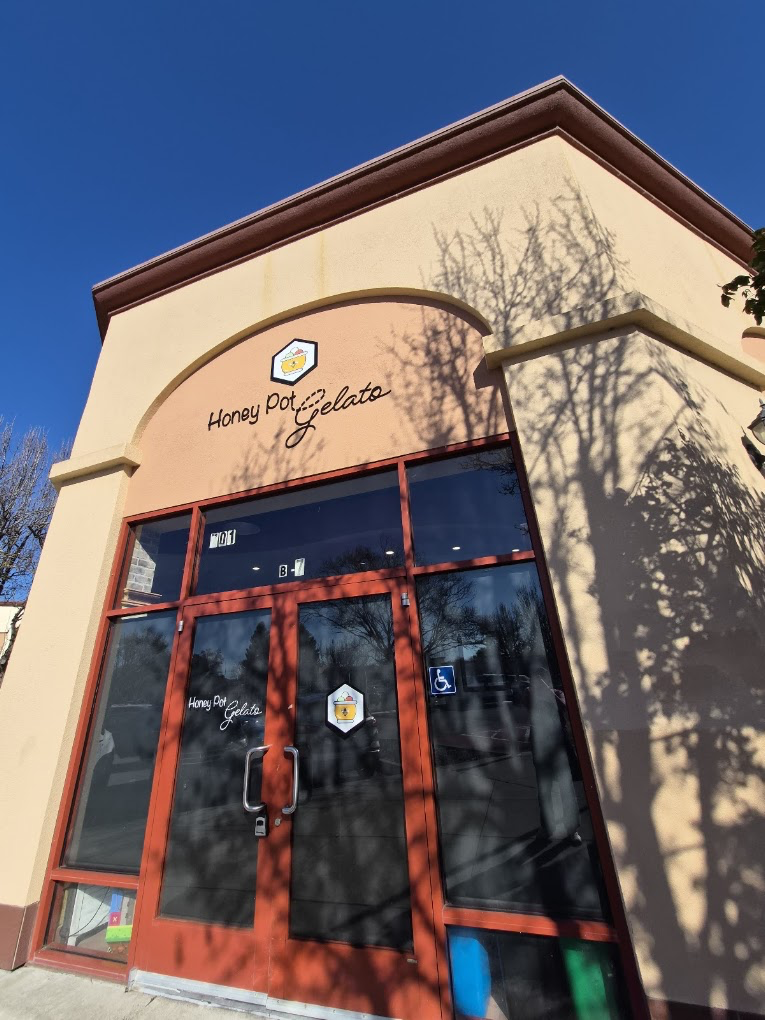 Honey Pot Gelato storefront in Petaluma with arch signage and bee logo