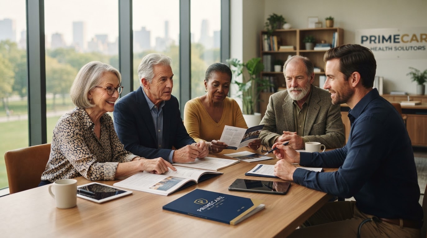 A diverse group of adults reviewing Medicare coverage materials with a friendly advisor