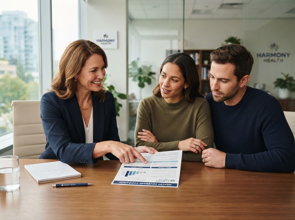 A friendly advisor explaining coverage options to a couple at a desk