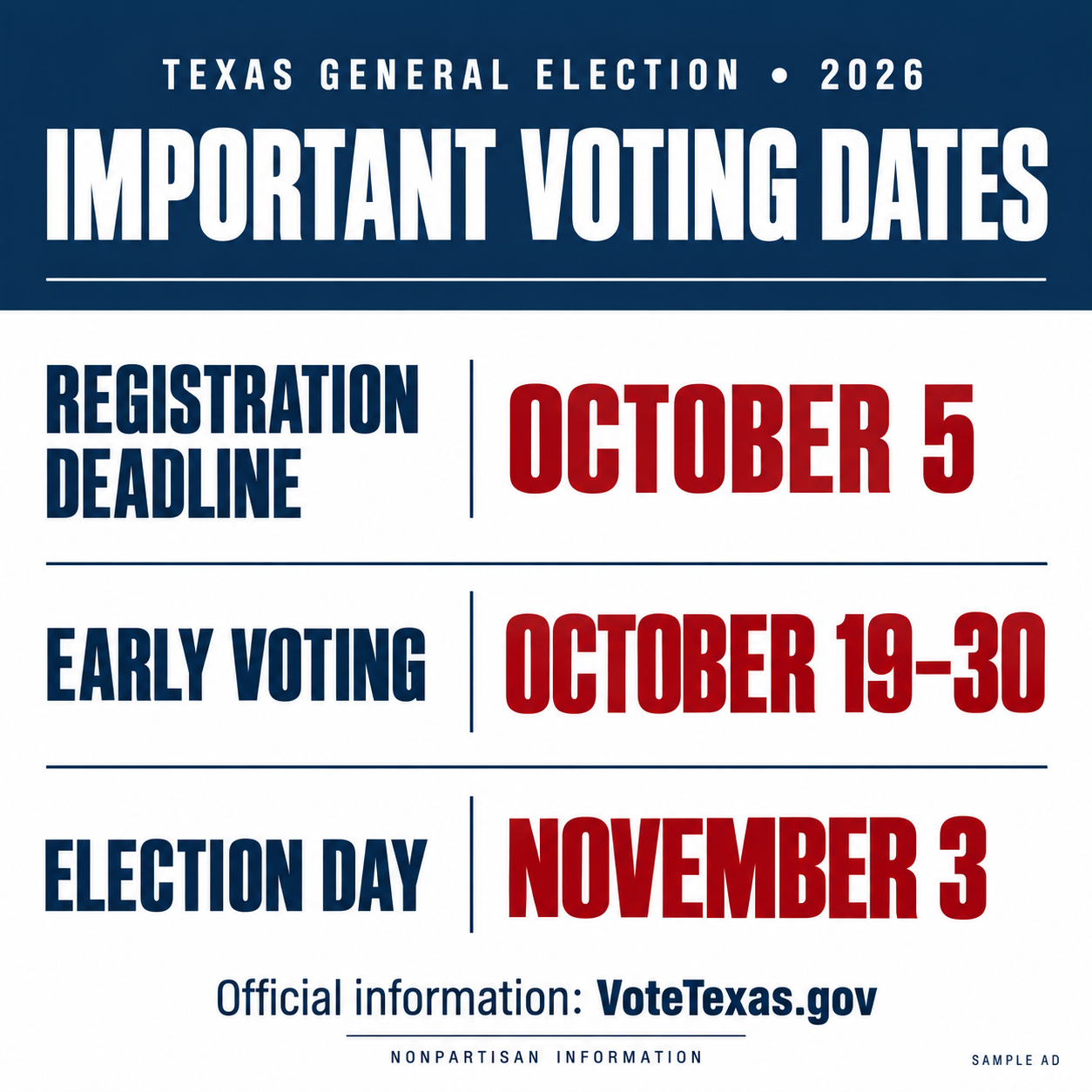 Texas General Election 2026 Important Voting Dates: Registration Deadline Oct 5, Early Voting Oct 19-30, Election Day Nov 3