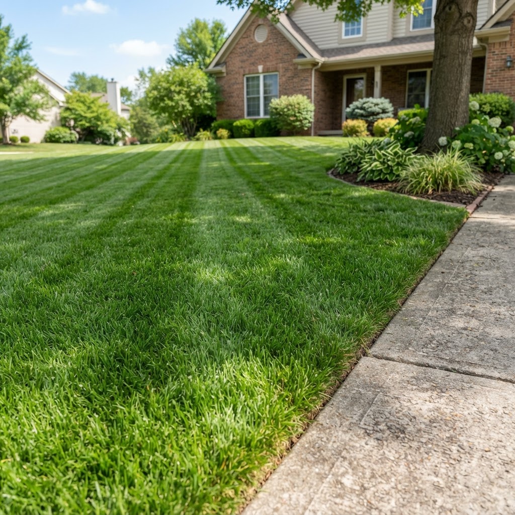 Illustrative example of lawn mowing work on a residential lawn