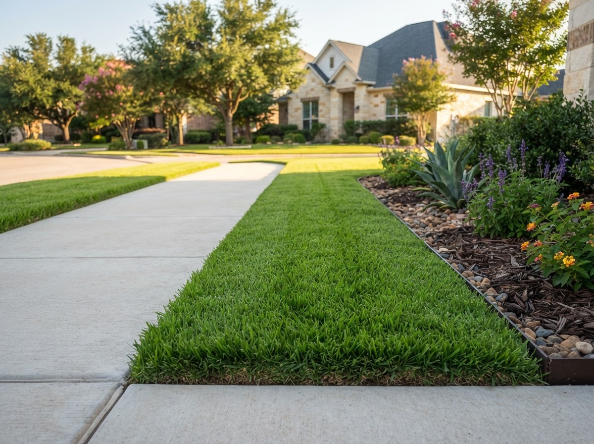 Illustrative example of neatly edged grass along a residential walkway