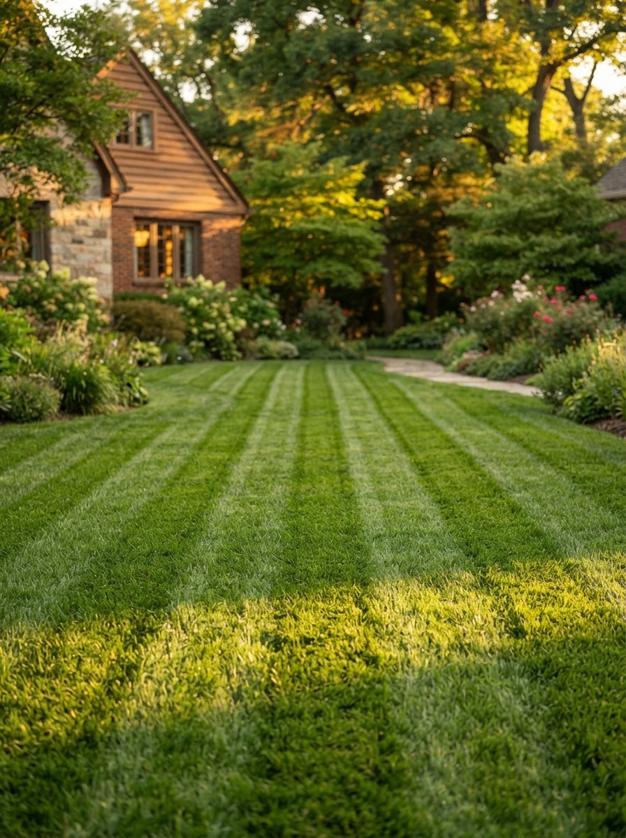 Illustrative example of mowing stripes on a manicured lawn