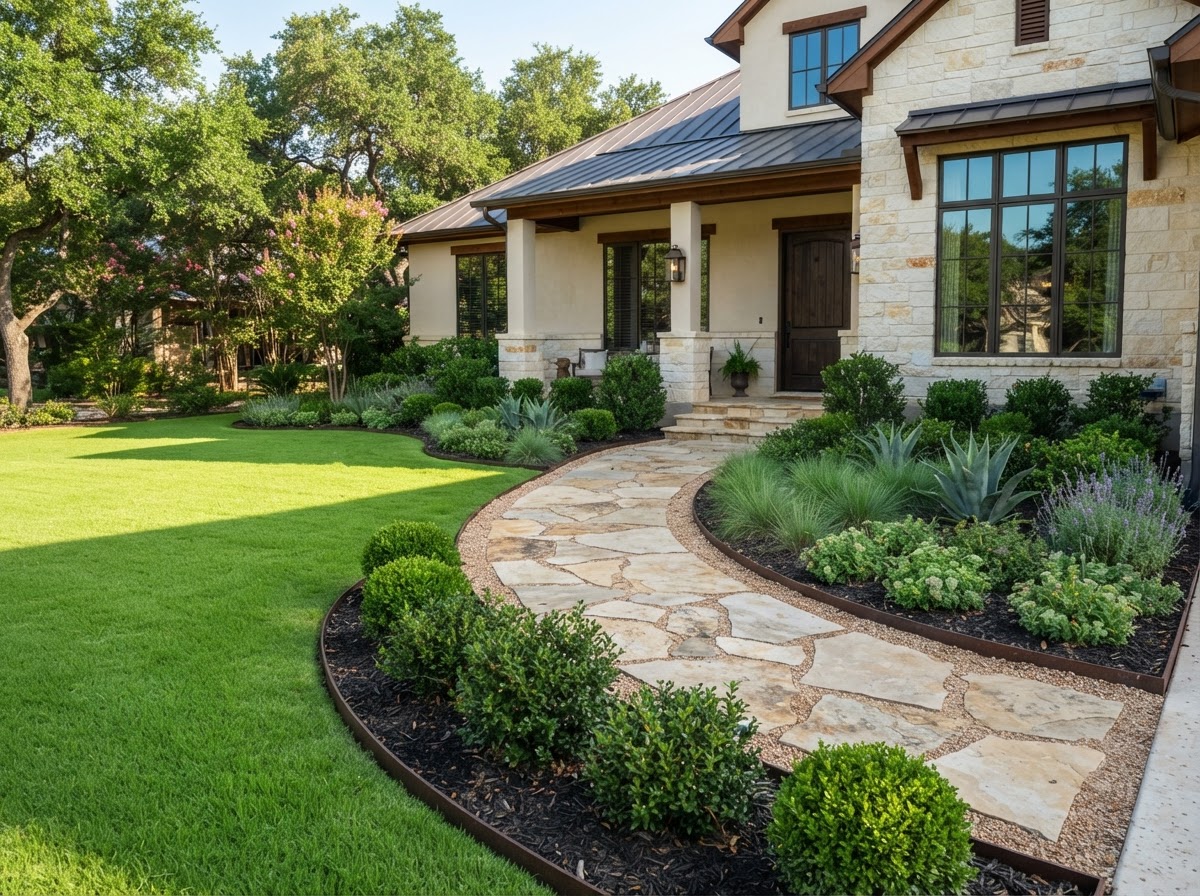 Illustrative example of clean landscaping detail around a residential walkway