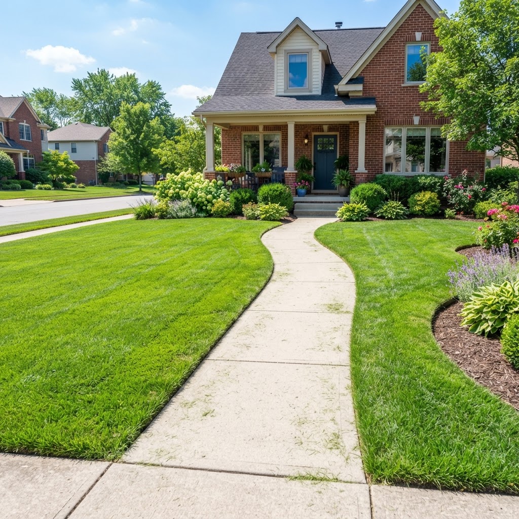 Illustrative example of lawn cleanup / blowing work on a residential lawn