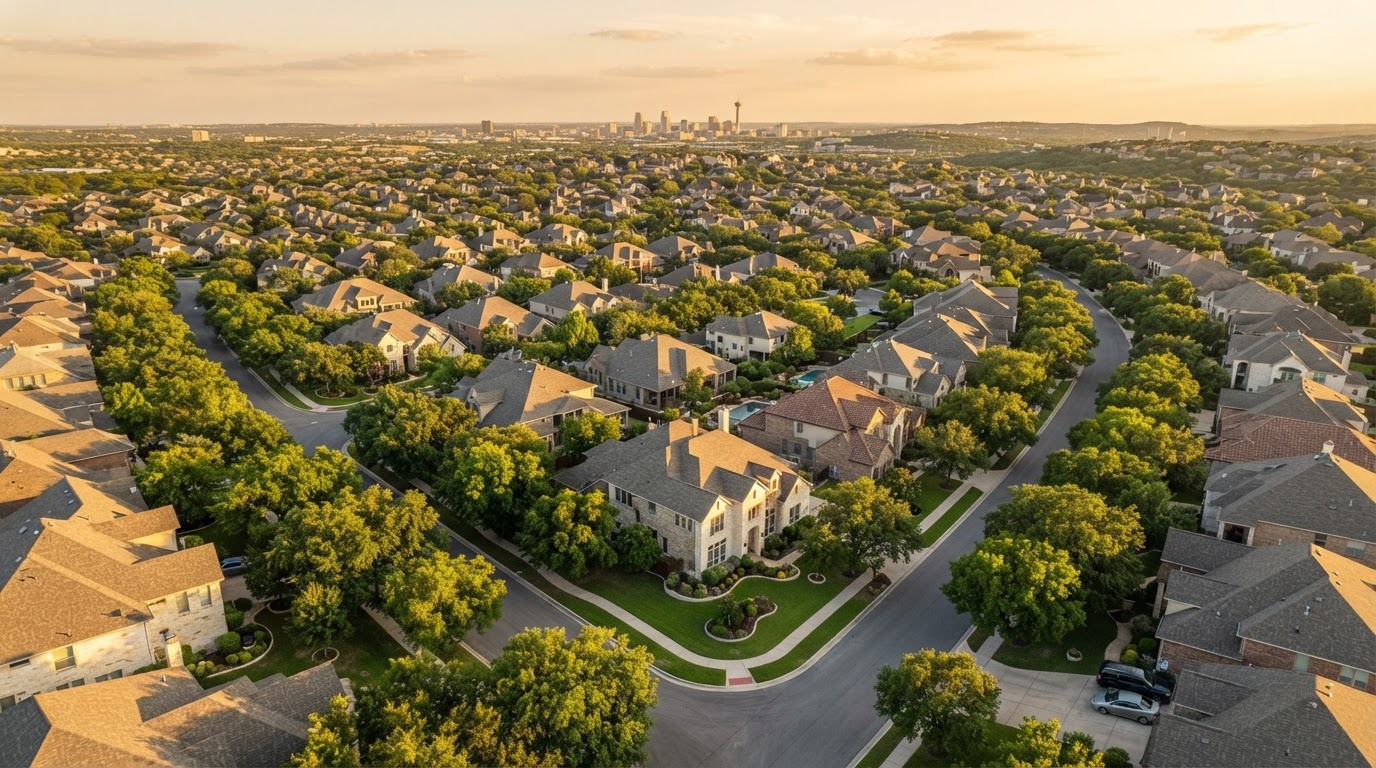 Aerial view of a tidy San Antonio residential neighborhood with well-kept green lawns