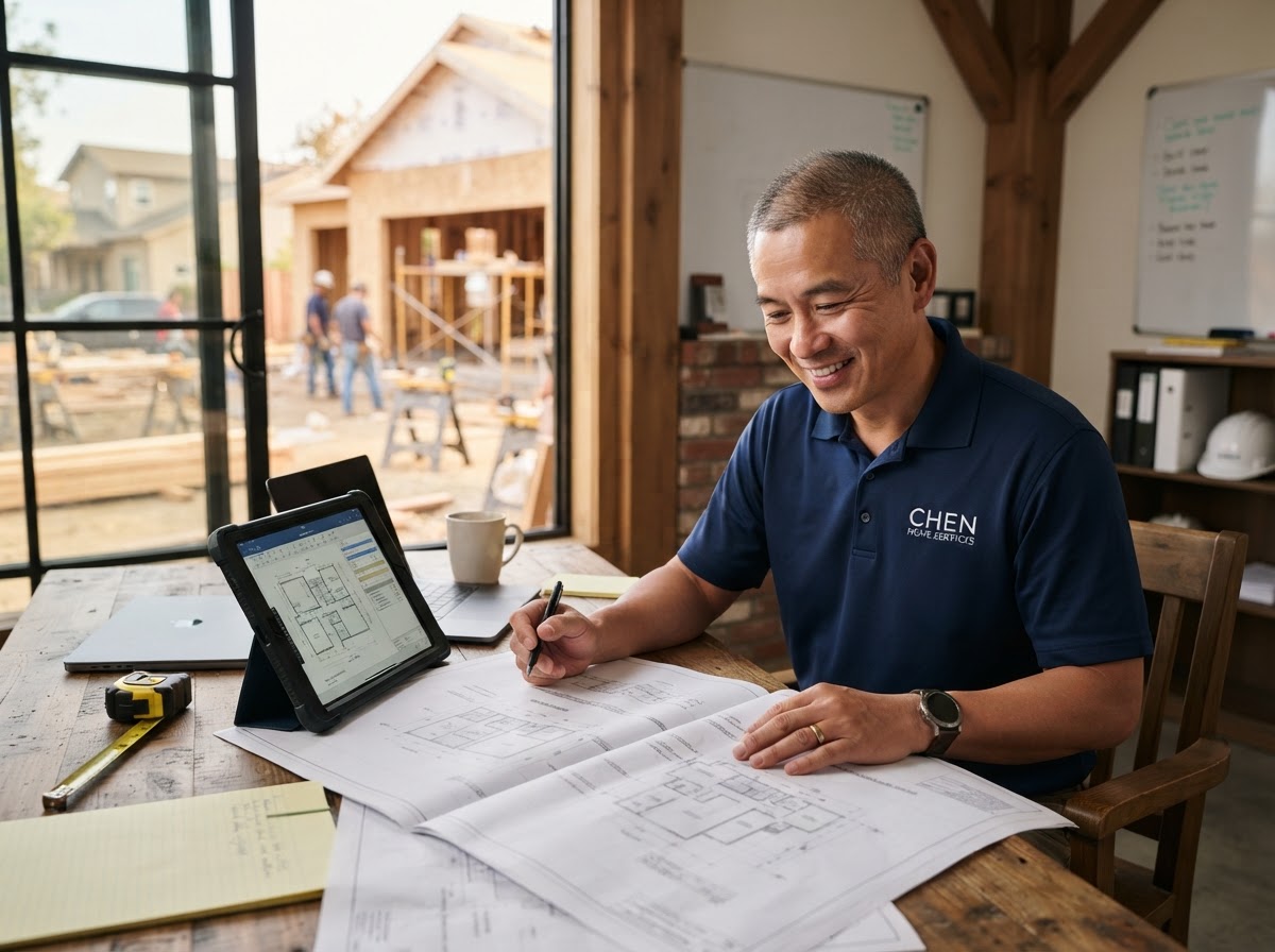 Home service business owner reviewing project plans and numbers at a desk near a job site — real home service team member at work