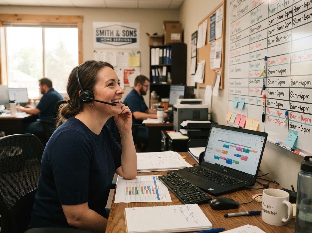 Dispatcher coordinating crew schedules at a home services office desk — real home service team member at work