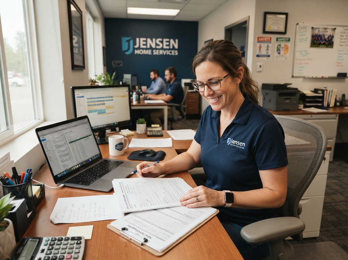 Office manager reviewing job applications and onboarding paperwork at a home services company desk — real home service team member at work