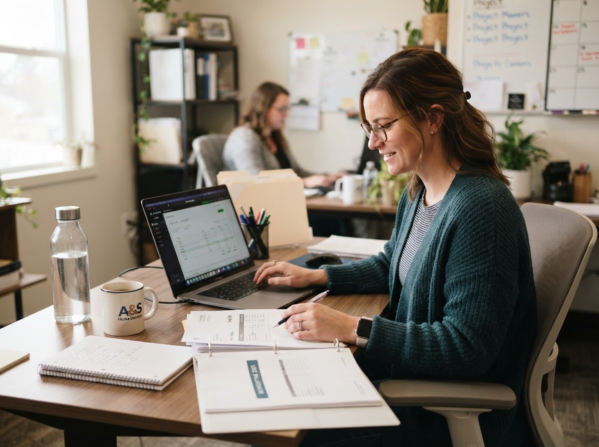 Office manager doing invoicing and bookkeeping at a home services office desk — real home service team member at work