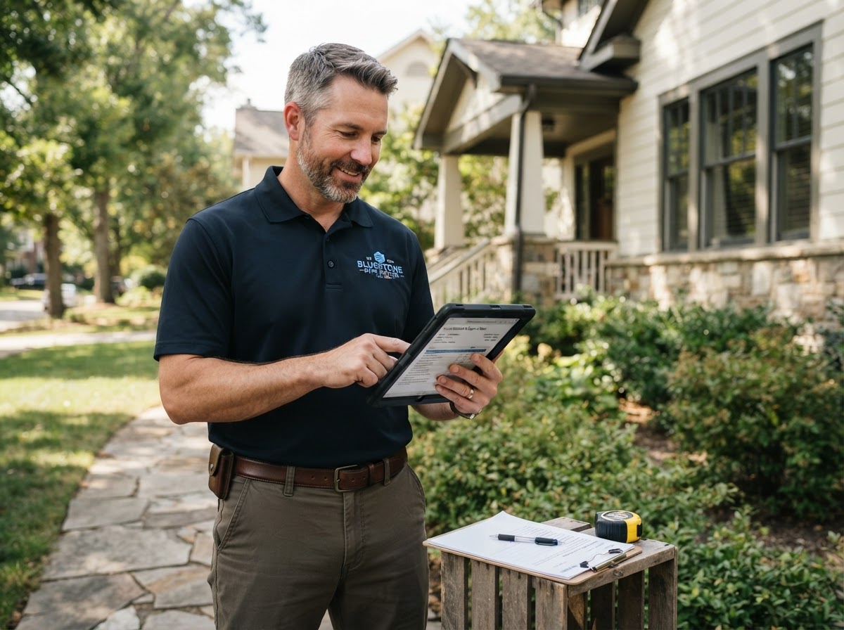 Estimator reviewing a quote on a tablet at a residential property — real home service team member at work