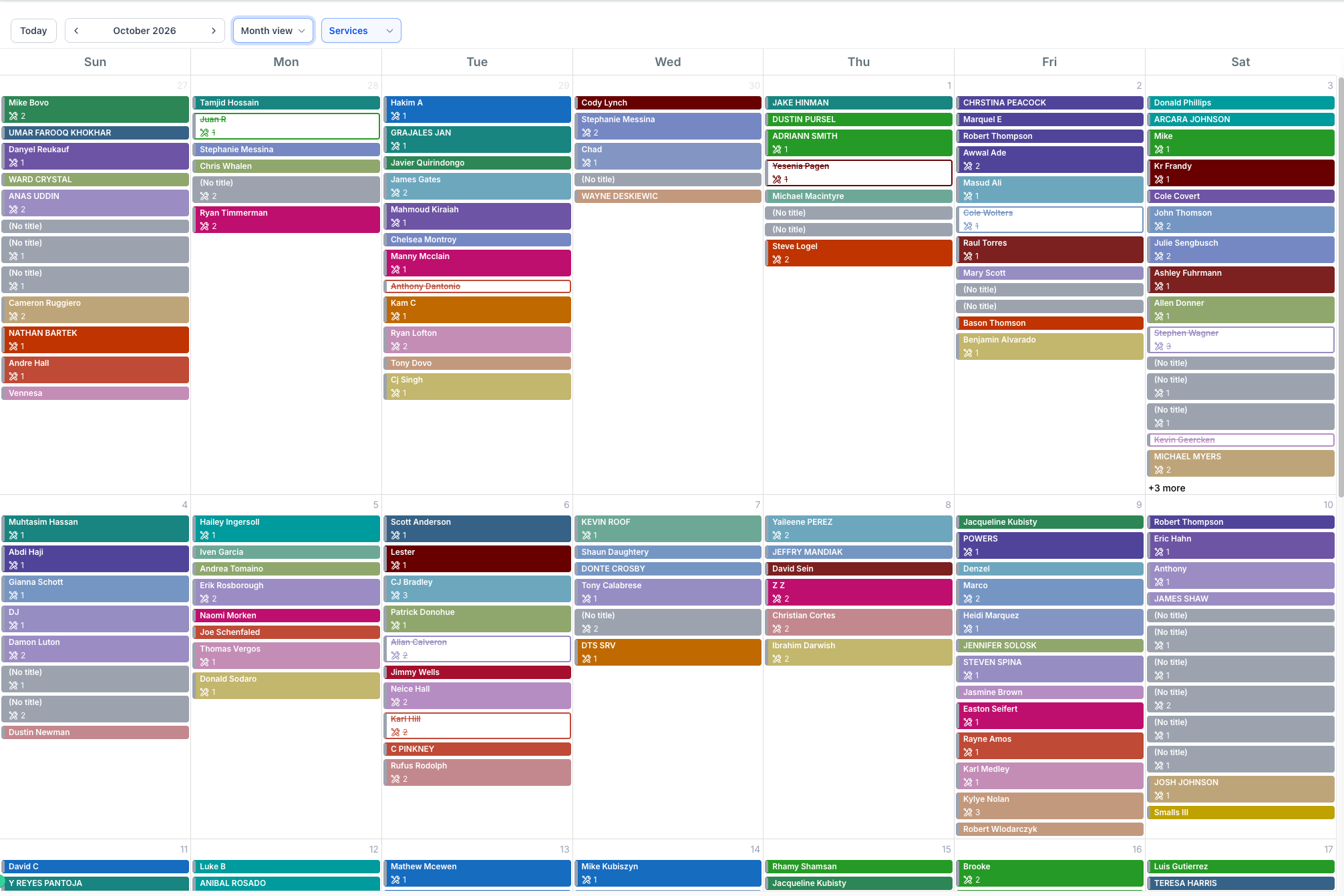 Elite Tint Shop full monthly install booking calendar for October 2026 showing packed daily appointments across services and locations