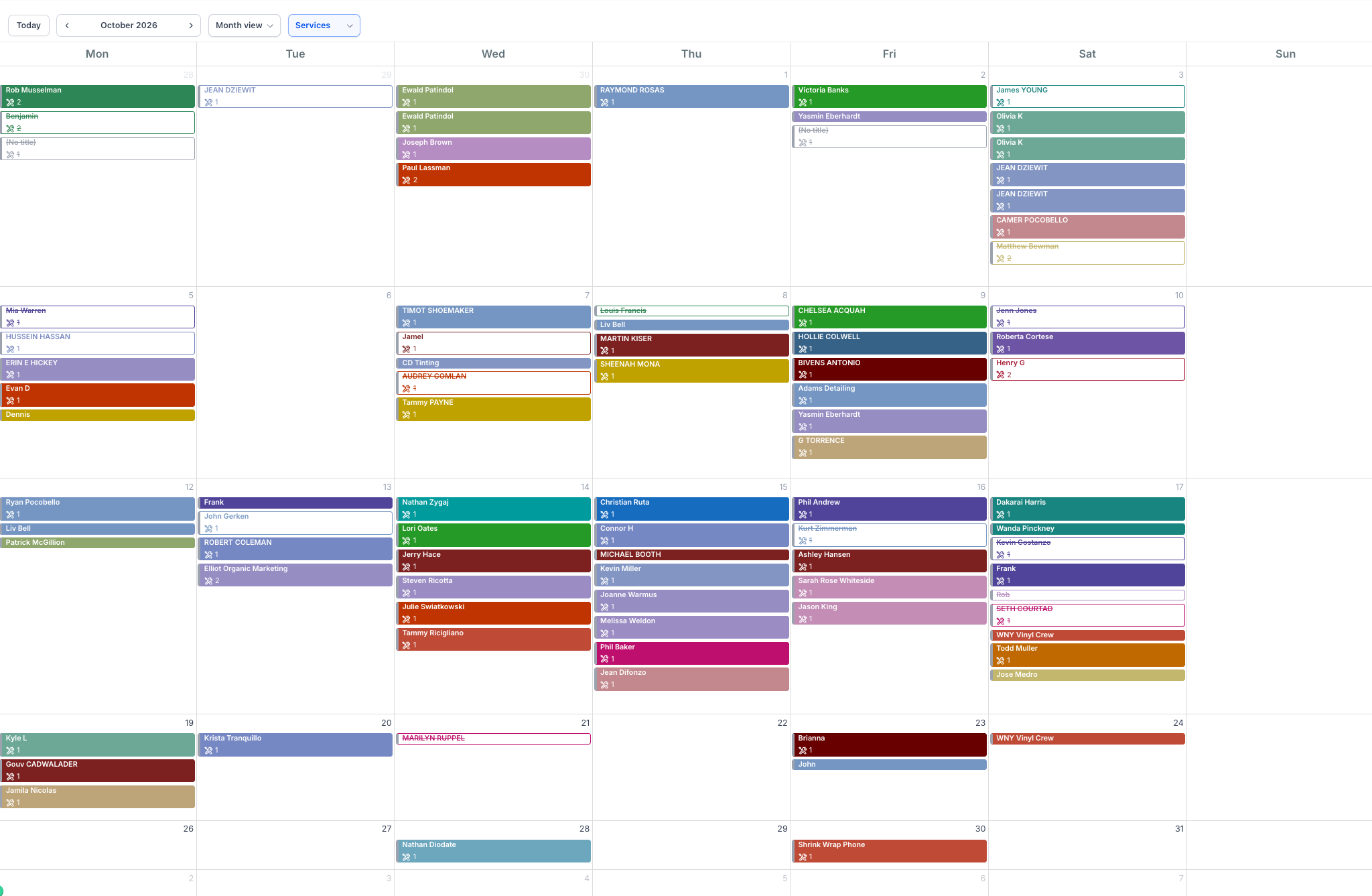 716 Details live calendar showing heavy daily volume and service scheduling