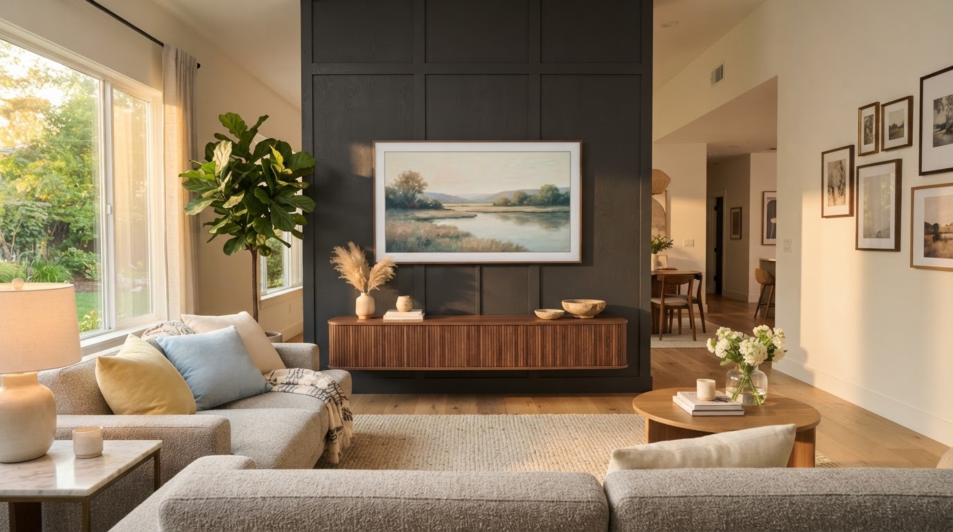 Neatly wall-mounted TV in a clean modern living room with concealed wiring
