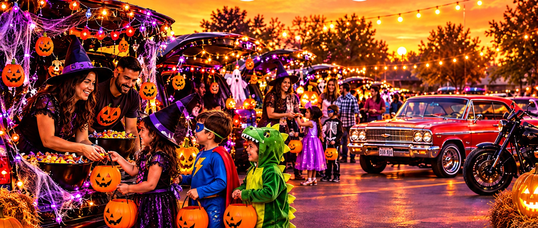 Family-friendly Trunk or Treat scene at twilight with decorated car trunks, string lights, parents and children in costumes holding pumpkin buckets