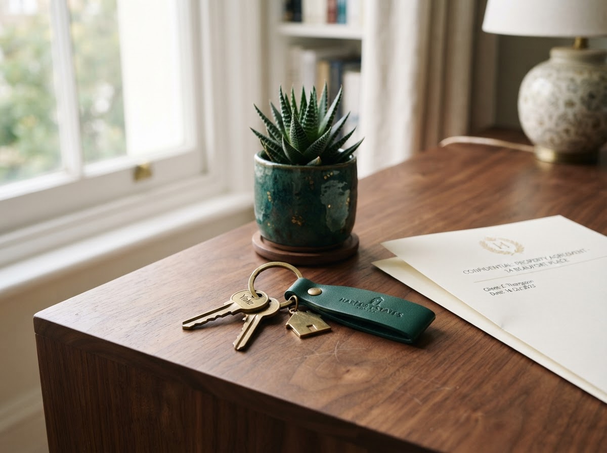 House keys resting on a wooden table beside a green plant