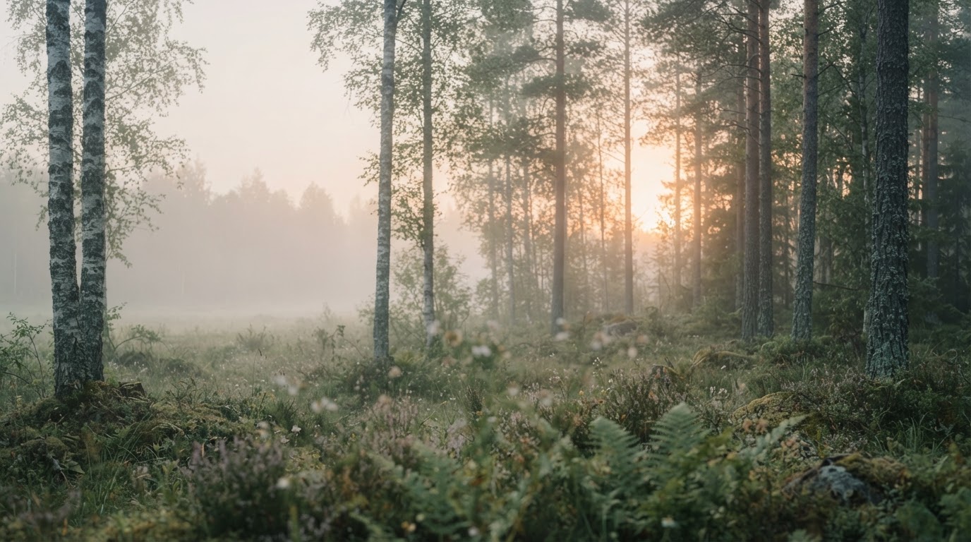Rolig natur i dempet morgenlys