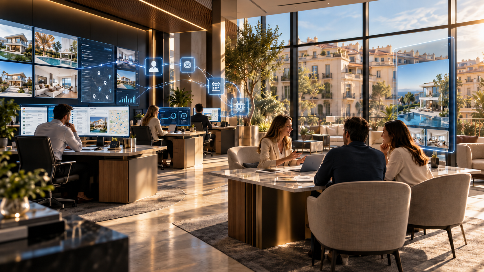 Oficina inmobiliaria de lujo con tecnología e inteligencia artificial