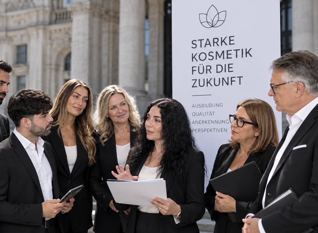 LVBWKH Vorstand und Mitglieder vor dem Banner: Starke Kosmetik für die Zukunft