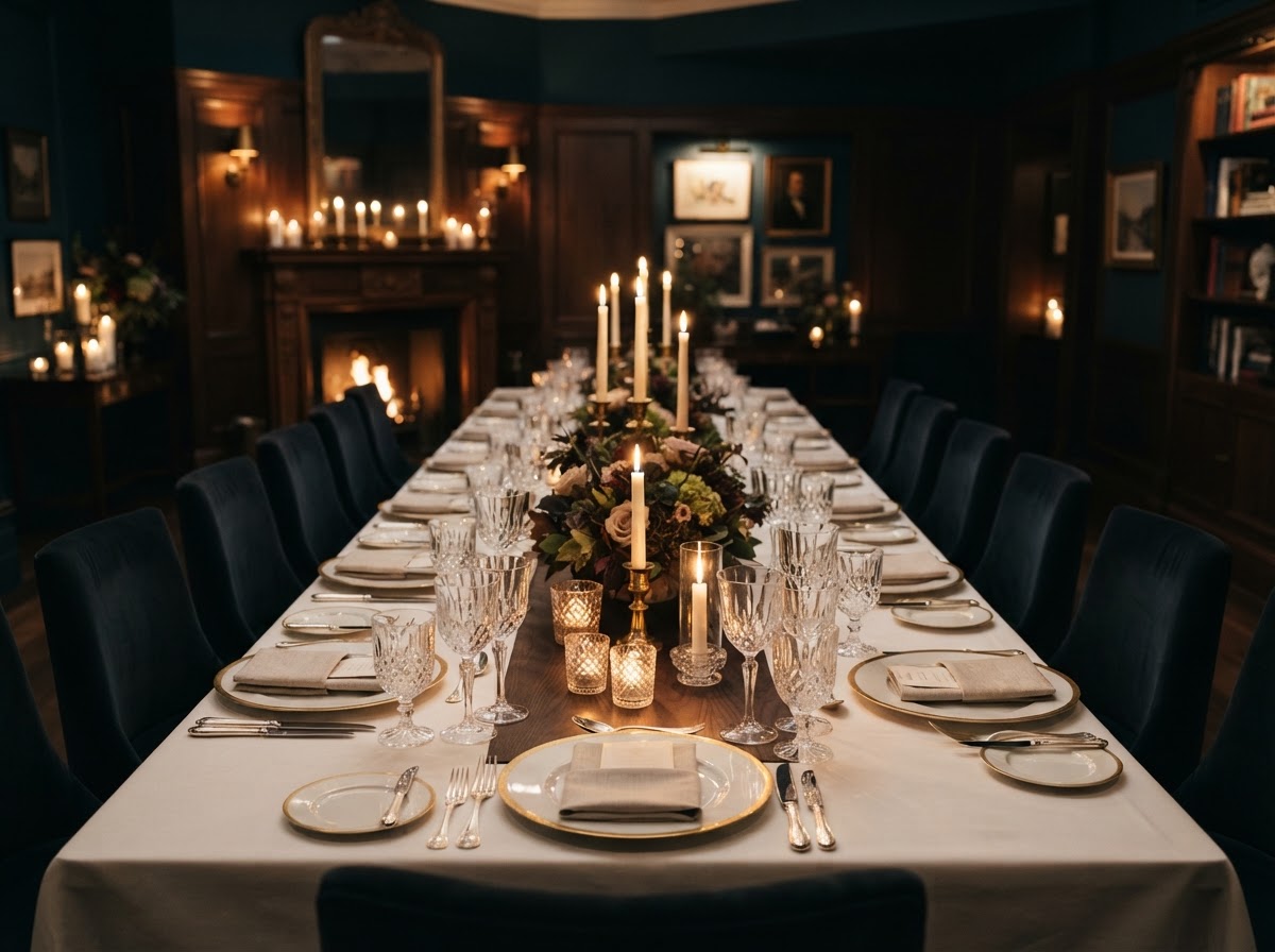 A candlelit executive dinner — a long, elegantly set table in a private dining room, awaiting senior leaders