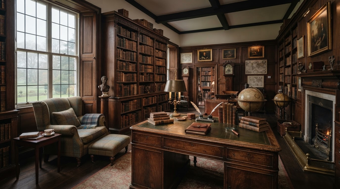 A quiet English library study in rich mahogany tones
