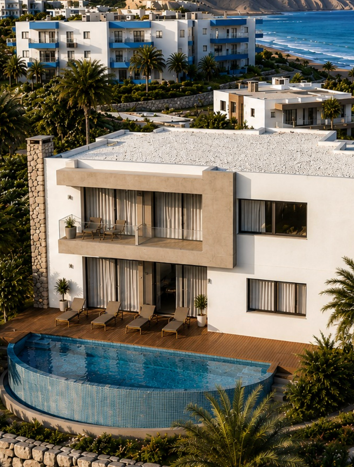 Illustration architecturale d’un programme au Maroc : villa contemporaine, terrasse en bois, piscine et vue sur la côte.