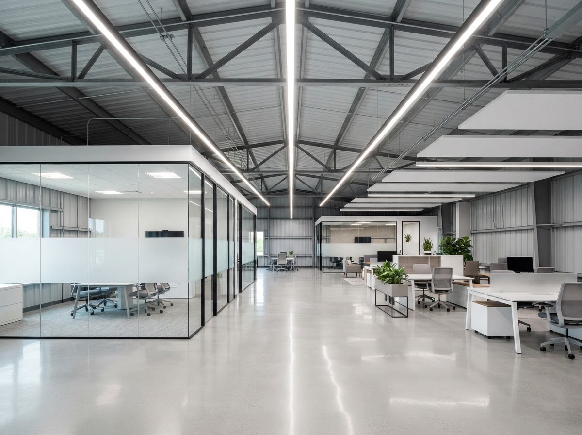Finished commercial office build-out with LED lighting inside a San Tan Valley metal building