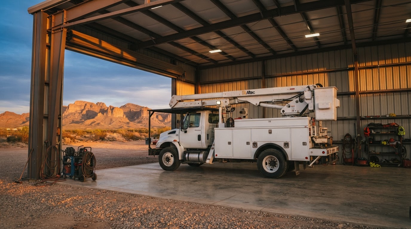 White Altec bucket truck inside an open metal building at dusk in San Tan Valley