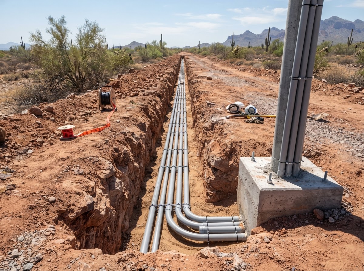 Open trench with conduit for underground electrical near San Tan Valley