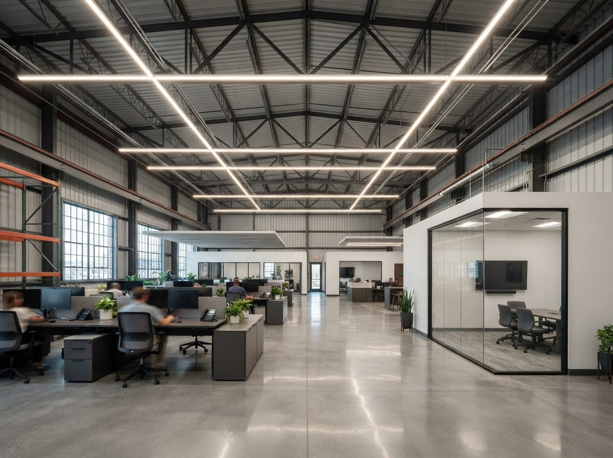 Warehouse ceiling with new LED strip lighting retrofit