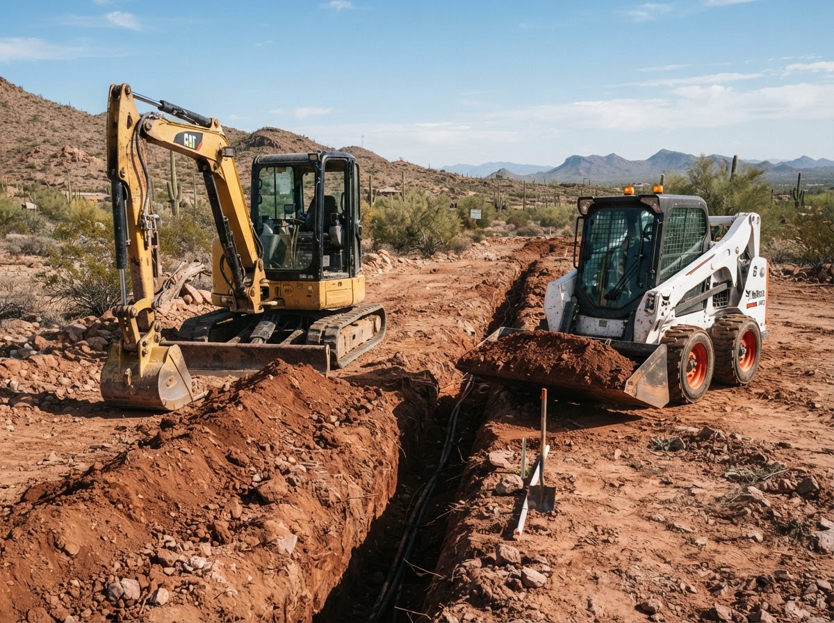 Compact excavator digging a trench for underground electrical in Arizona