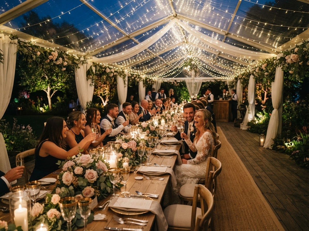 Garden marquee reception for a summer wedding under string lights