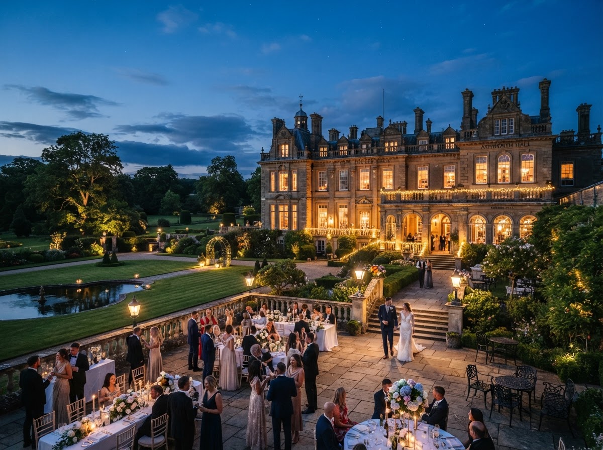 The manor house at dusk, windows glowing against the evening sky
