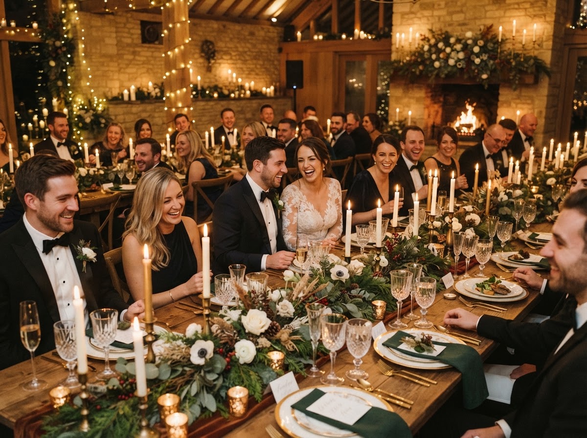 Intimate candlelit winter wedding dinner at a long banquet table