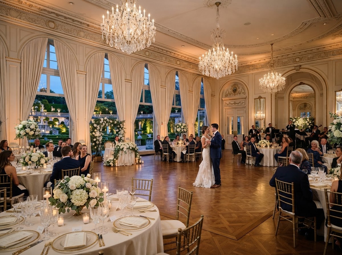 Grand manor ballroom with crystal chandeliers for a wedding reception