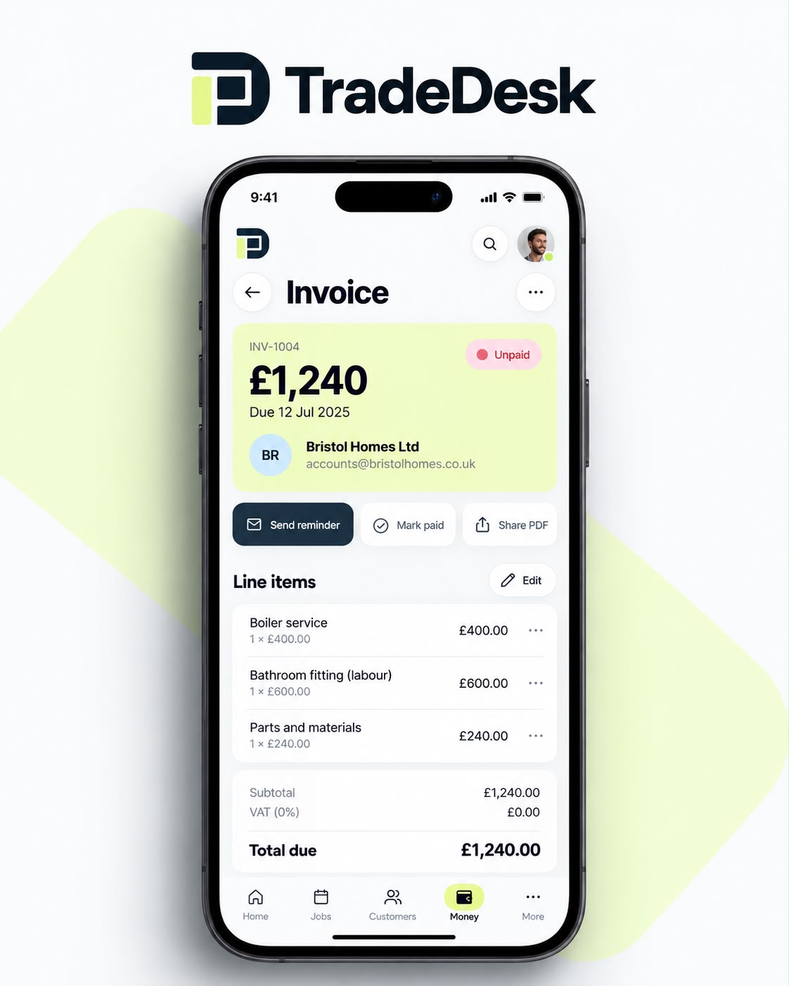 TradeDesk Invoice creation and payment tracking app screenshot