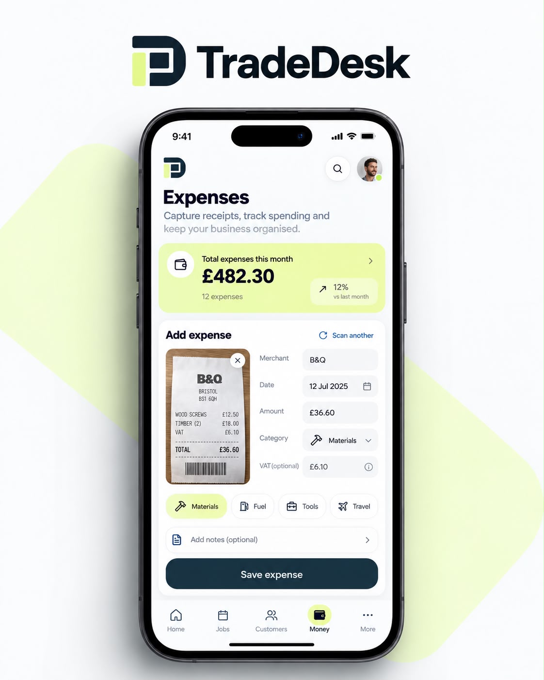 TradeDesk Quote creation app screenshot with itemised labour and materials