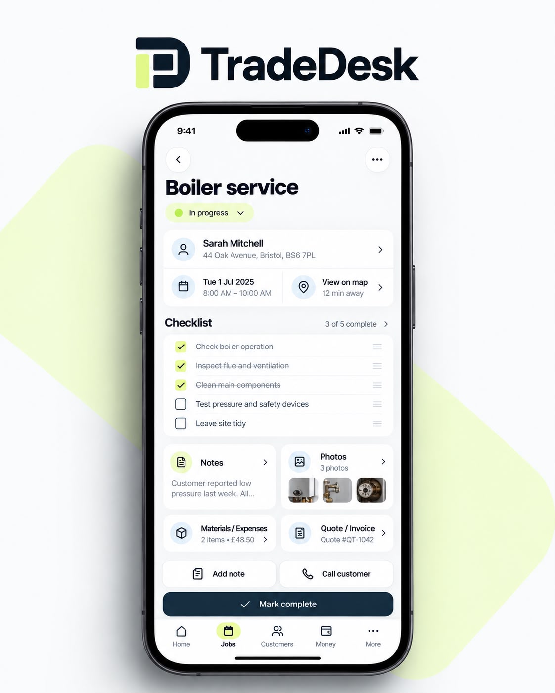 TradeDesk Job Details app screen showing active plumbing and heating work, customer details, and cost summaries