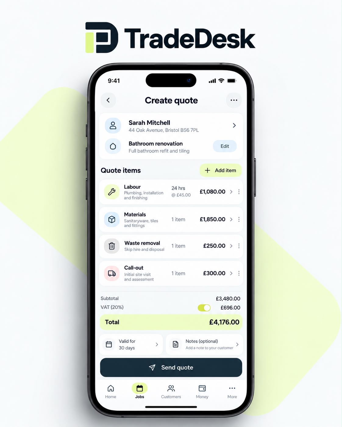 TradeDesk Expenses screen with receipt photo recording