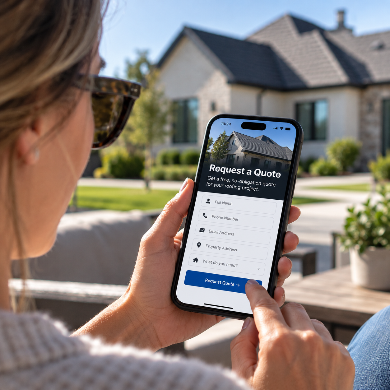 Homeowner on a patio filling out a roofing quote request form on her smartphone