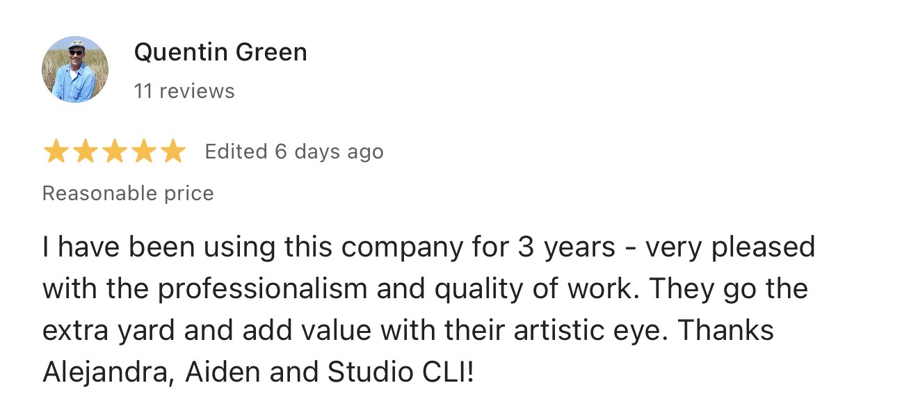 Google review from Quentin Green: I have been using this company for 3 years - very pleased with the professionalism and quality of work. They go the extra yard and add value with their artistic eye.