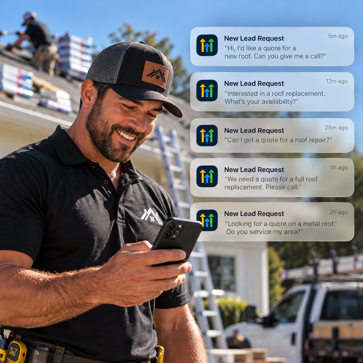 Roofer on a job site smiling at his phone with multiple new lead request notifications